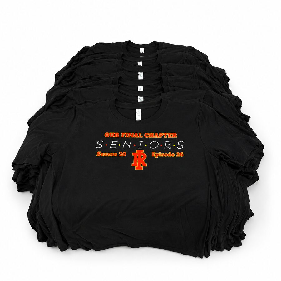 Custom Seniors t-shirt order, black tees with orange and white print