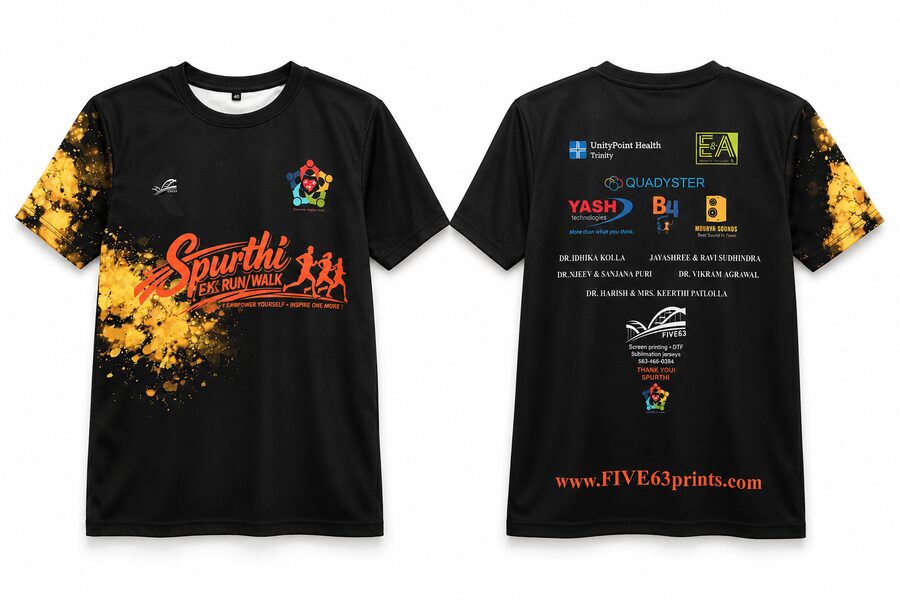 Spurthi 5K Run/Walk custom event t-shirt with sponsor logos