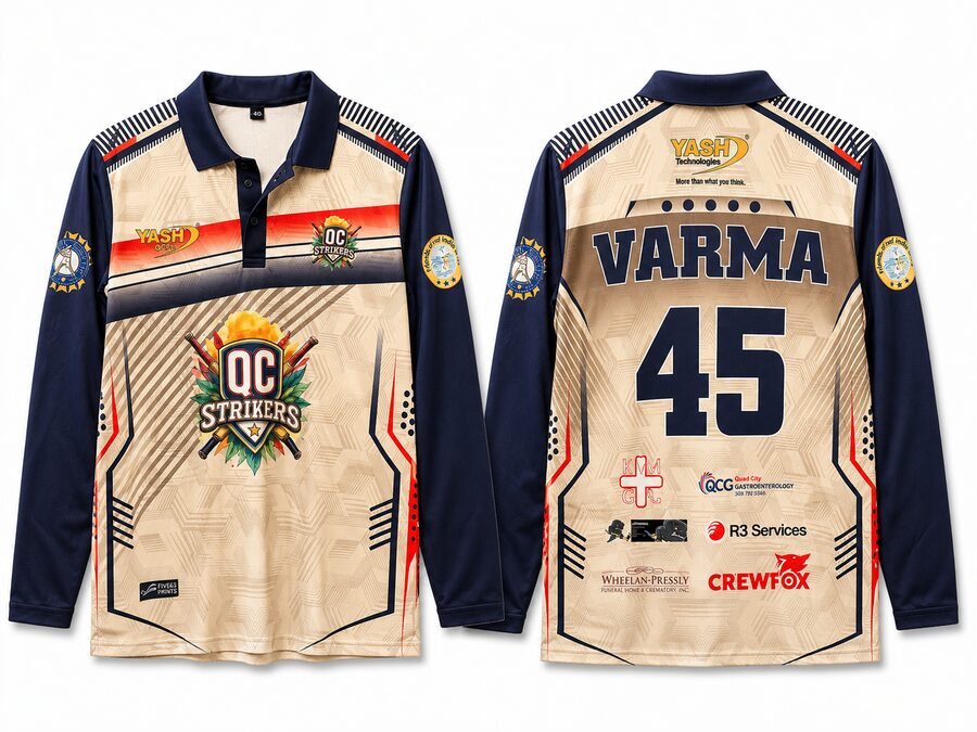 QC Strikers tan and navy custom long sleeve jersey